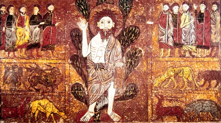 St. John the Baptist preaching in the desert and surrounded by wild animals, from the Altar Frontal of Gesera, 13th century